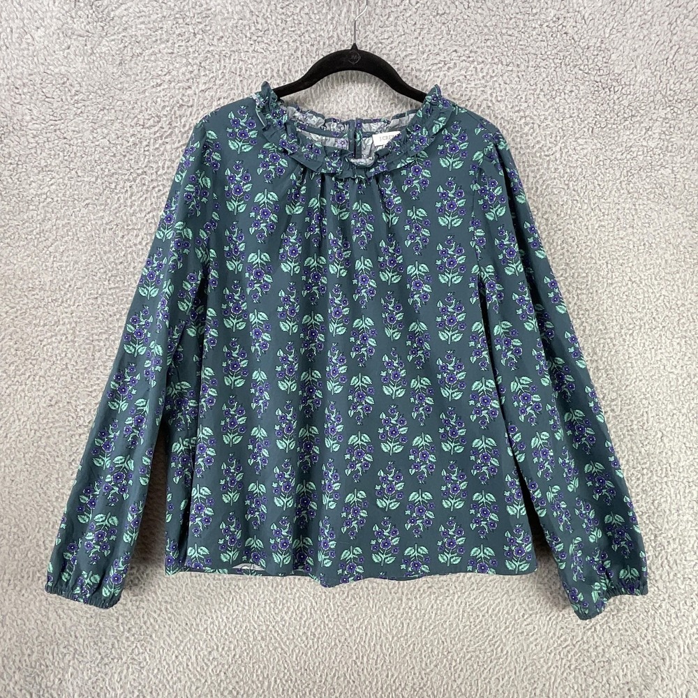 J.CREW Blouse Womens‎ XL Green Floral Ruffle Popover Cotton Blend Long Sleeve